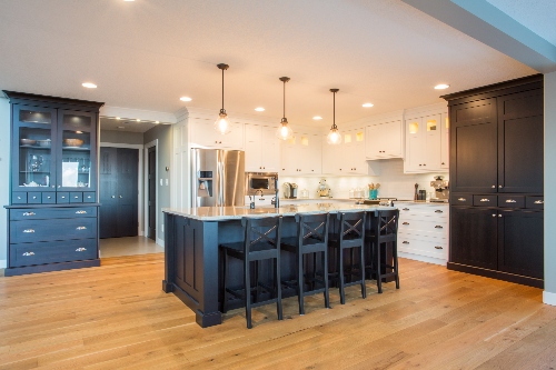 A brilliantly lit kitchen displays many different lighting options. 